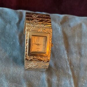 Vintage Silver Cuff Floral Quartz Watch